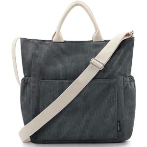 Prite Corduroy Tote Bag for Women Large Crossbody Hobo Shoulder Bag with Pockets Tote Handbag for Work, College, Shopping (Grey)