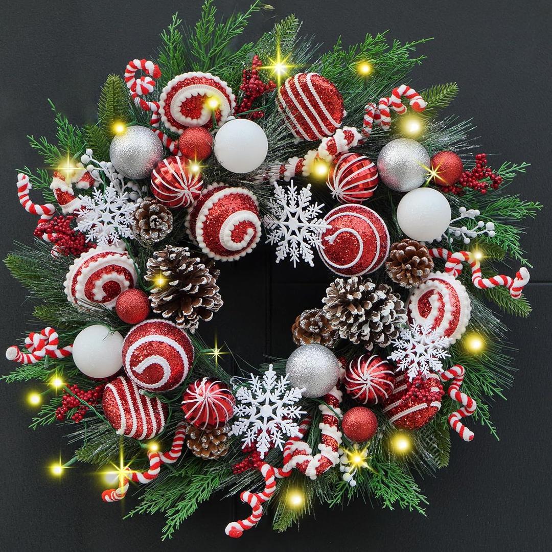 24 Inch Artificial Christmas Wreath for Front Door, Red White Wreath with Christmas Balls Peppermint Candy Snowflakes Xmas Decorations for Winter Wall Outdoor Home Holiday Decor