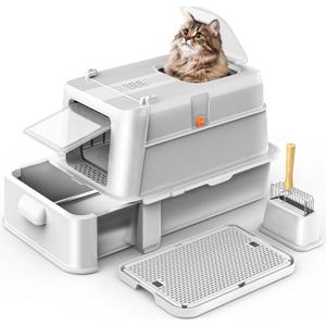 Enclosed Stainless Steel Cat Litter Box with LidXL Large Metal Cat Box with Drawer for Big Cats, Top Exit Kitty Litter Box Includes Scoop, Filter Pedal, Odor Control, Easy Cleaning (Light Grey)