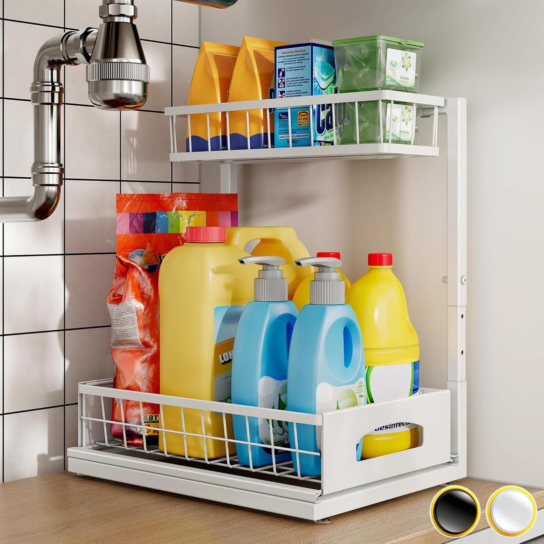 Under Sink Organizer and Storage, Height Adjustable Cabinet Organizer with Slide Out Drawer, Pull Out Under Sink Storage, Multi-Purpose 2 Tier Sink Shelves for Kitchen Bathroom Pantry (White, 1 Pack)