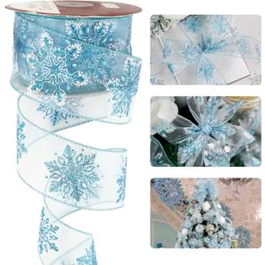 HUIHUANG Snowflake Glitter Wired Ribbon, Blue and White Snowflake Ribbon for Christmas Tree, 2-1/2" x 25 Yards for Tree, Bows Making, Wreaths, Gift Wrapping, Home Decor, Crafts