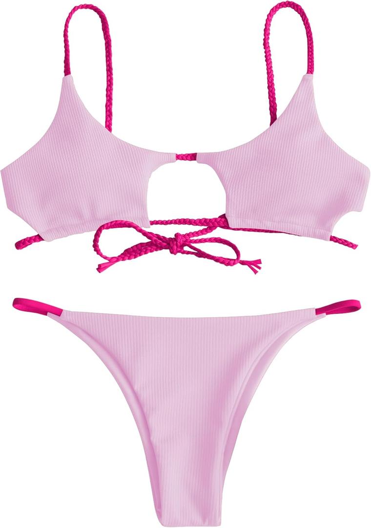 ZAFUL Women's Ribbed Cut Out Bikini Set String Swimwear Sexy Brazilian Thong Bikini Two Piece Swimsuits Small