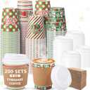 Cunhill 200 Sets Christmas Disposable Coffee Cups with Lids and Sleeves Christmas Paper Cups for Holiday Party Drinks Cold Beverage Hot Cocoa Chocolate Drinking (9 oz)