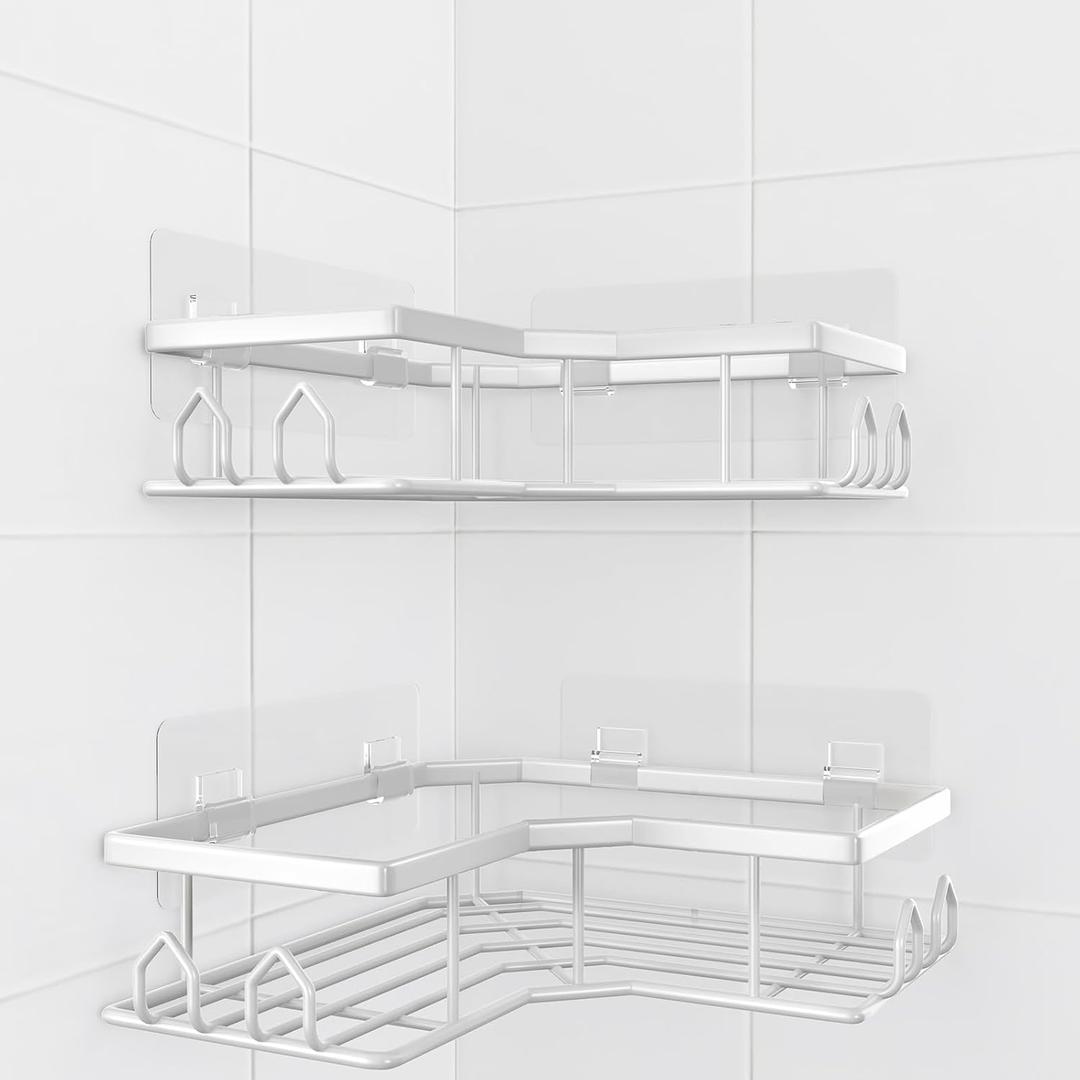 Adhesive Shower Caddy, 2 Pack Corner Bath Organizer, Rustproof Stainless Steel Shower Shelves with Large Capacity, No Drilling Shelves for Bathroom Storage, Home, Kitchen Décor (White)