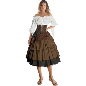 Women's Pirate Costume Retro Renaissance Cosutmes Women Layered Ruffle Viking Outfit Set (Medium)