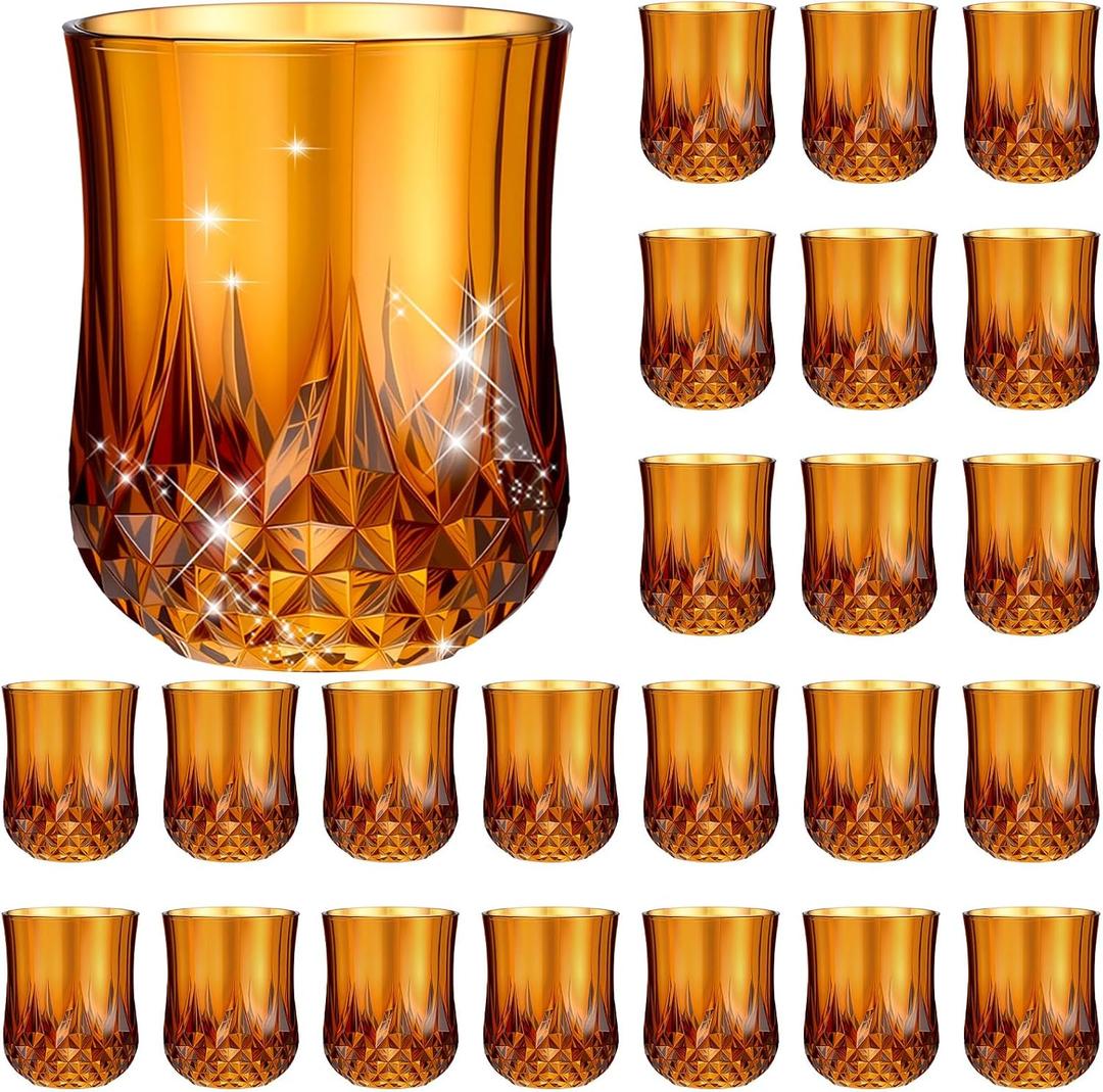 Remerry 24 Pcs 3oz Mini Amber Elegant Stemless Patterned Plastic Wine Glasses Great for Weddings, Bridal Showers, Thanksgiving and Fall Events