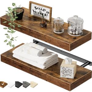 QEEIG Bathroom Floating Shelves for Wall - 15.7" Wall Mounted Shelf Over Toilet Farmhouse Home Decor Display Bookshelf Small 15.7 x 6.7 inch Set of 2, Rustic Brown (008-40BN)