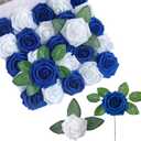 YalzoneMet Artificial Flowers 25 pcs Fake Navy Blue White Roses for DIY Wedding Bouquets Bride Cake Flower Decor Baby Shower Centerpieces Floral Arrangements Party Home Table Decorations