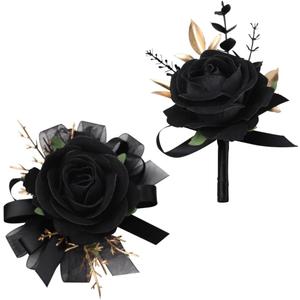 2Pcs Corsage and Boutonniere Set Rose Wrist Corsage Wristlet Band for Wedding Flowers Prom Party Homecoming Decoration (Black)