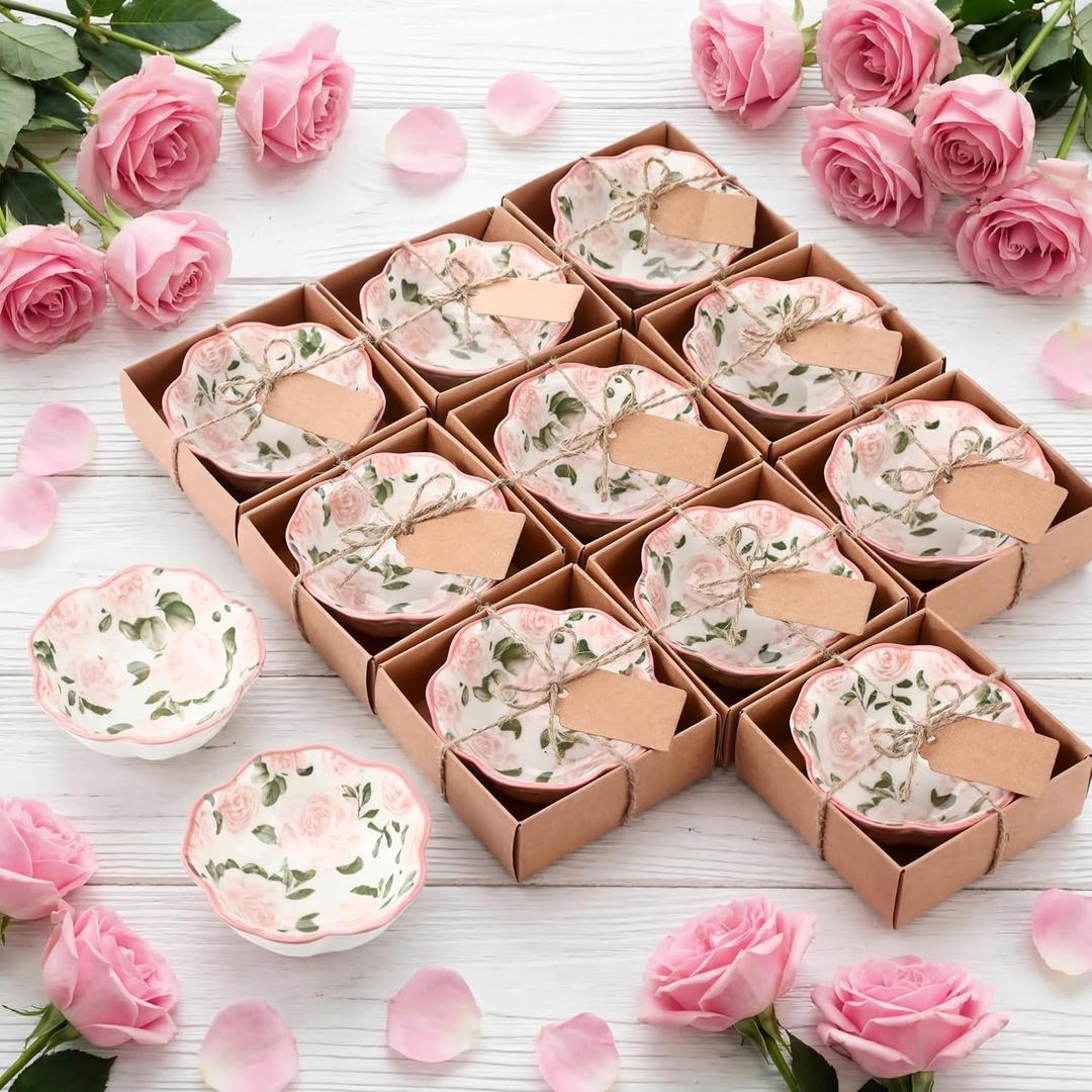 SiliFine 12 Pcs Pink Floral Party Favors for Guests Small Ceramic Bowl Bulk Gifts Set 3.3 Inch Floral Design Mini Dipping Sauce Dish with Card Box for Bridal Pooja Baby Shower Birthday Guest Gift