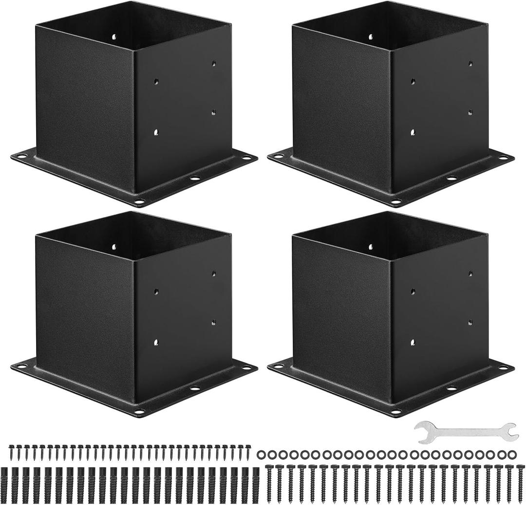 VEVOR 4x4 Post Base 4 Pcs, Inner Size 3.6x3.6 inch / 92x92 mm Post Brackets, Heavy Duty Carbon Steel Decking Posts, Wood Posts Brackets for Pavilion Deck Railing Support Deck Base Plate, Black