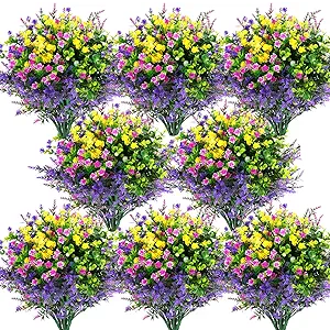 Hananona Artificial Flowers Outdoor, Faux Artificial Plants UV Resistant Plastic Flower Bulk for Hanging Planter Porch Window Home Wedding Fall Summer Decor (24, Fuchsia, Purple, Yellow, Green)