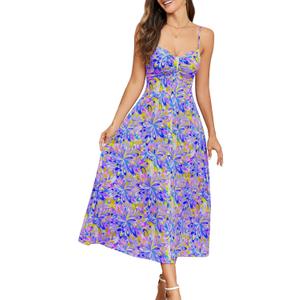 Summer Dresses for Women 2025 Beach Dress Floral V Neck Spaghetti Strap Flowy Bohe Long Floral Maxi Sundress (Medium)