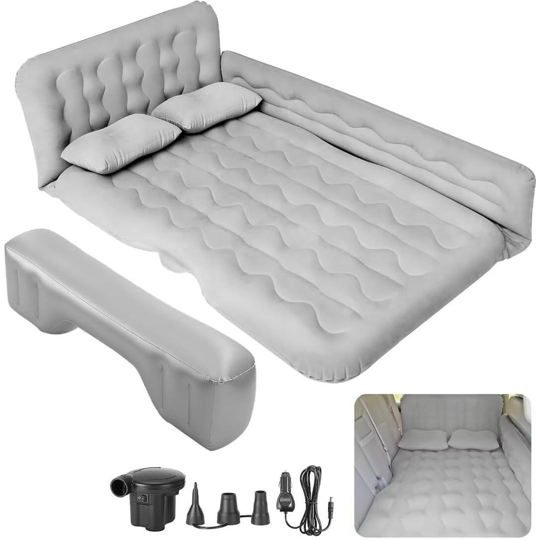 SUV Air Mattress - Thickened and Double Car Air Mattress Sided Flocking Travel Inflatable Car Mattress Bed with Electric Air Pump and 2 Pillows, Car Sleeping Bed for Home Outdoor and Travel-Grey
