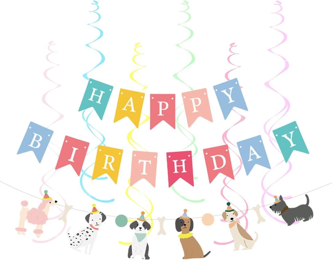 Dog Themed Happy Birthday Banner Baby Shower Party Supplies (Hanging Swirl Banner)