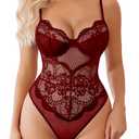 Avidlove Bodysuit for Women Sexy Lace Lingerie One Piece Mesh Tops Sleeveless Push Up Body Suit Red Medium