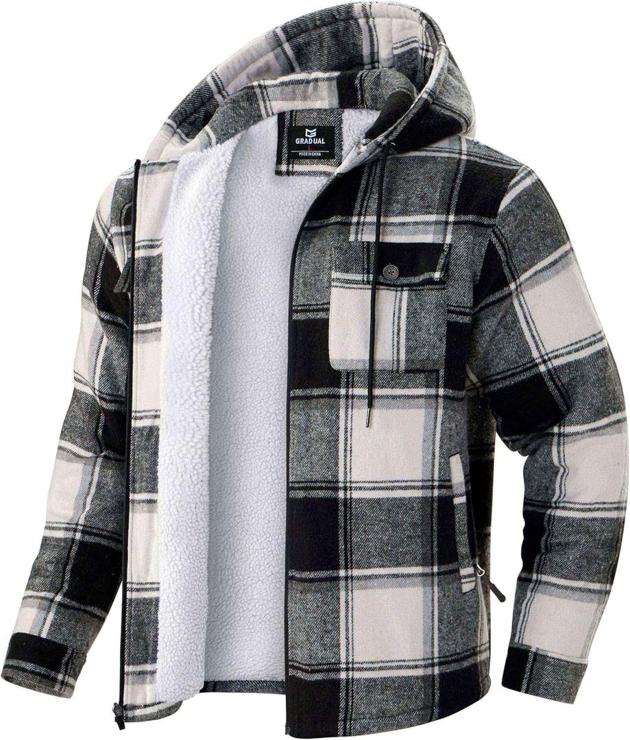 G Gradual Men's Flannel Jacket Fleece Sherpa Lined Hoodies Zip Up Plaid Shirt Warm Winter Jackets for Men with Zipper Pockets (Black White)