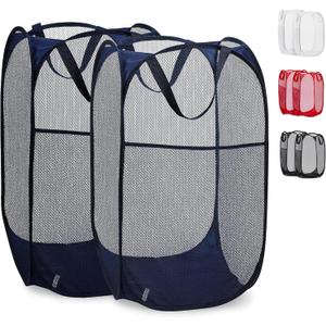 Handy Laundry Collapsible Mesh Pop Up Laundry Hamper 2-Pack – Large Foldable Laundry Basket with Side Pocket, Breathable & Durable, Space-Saving for Clothes, Toys, Travel, Dorm, Bedroom, Blue