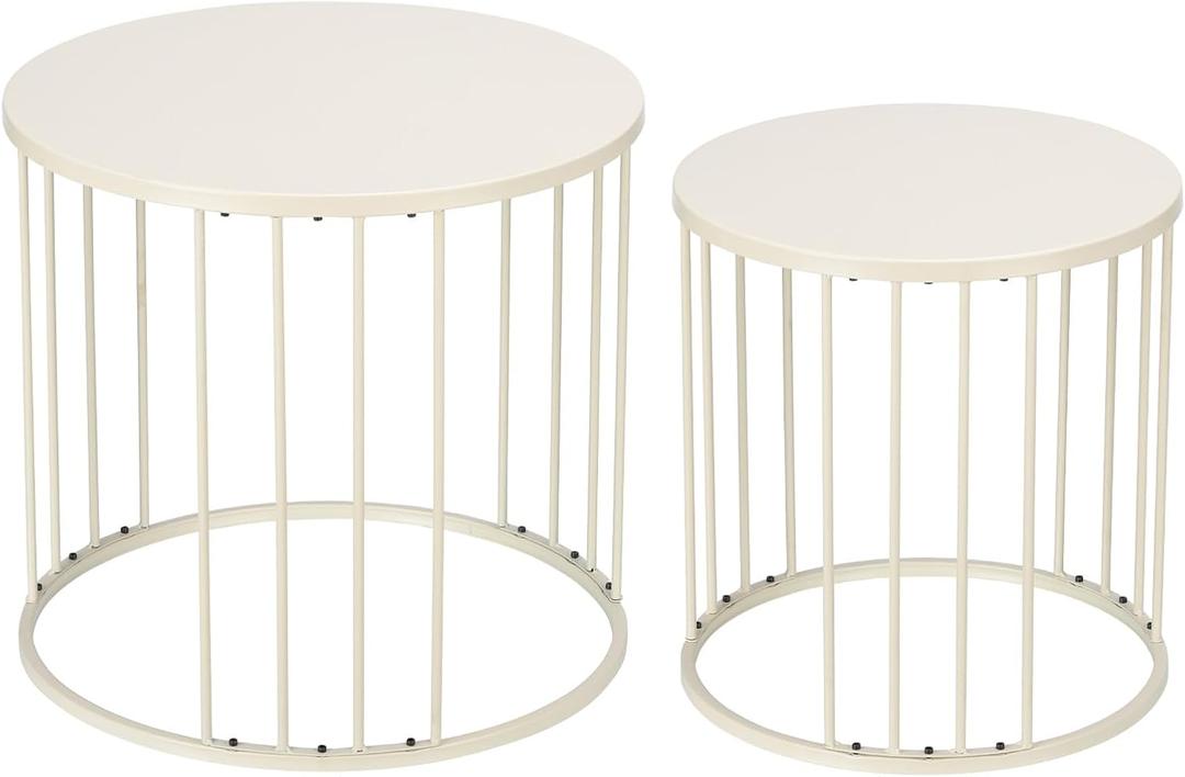 LEWIS&WAYNE Outdoor Side Table Set of 2, Metal Circle Accent End Tables for Balcony Backyard Garden Indoor Living Room, Durable Nesting Coffee Tables, 20+16 Dia, White
