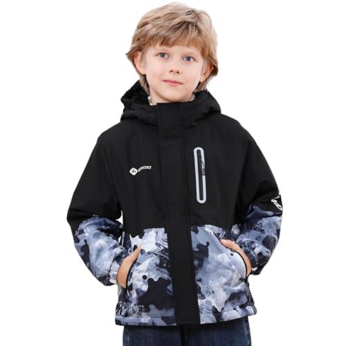 Boys' Waterproof skiing Jacket - Winter Fleece Lined Snowboarding Coat with Hood, Windproof Thermal Outer Shell for Kids Ice Black 7-8 years