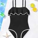 Girls Swimsuit One Piece Swimsuits Ruffle Solid Color Bathing Suit for Teens Contrast Trim Swimwear 9-16Y with Padded