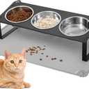 Elevated Cat Bowls with Food Mat, 10Tilted Non-Slip Raised Cat Food Water Bowls Set, 3 Thick Stainless Steel Pets Dishes with Cute Metal Feeding Stand for Indoor Kitten Puppy, Anti-Vomiting