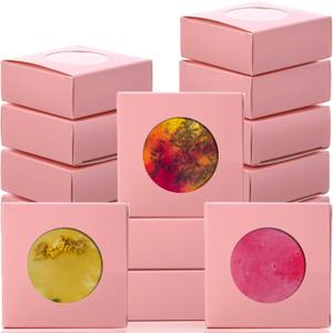 TaoBary 100 Pcs Soap Boxes for Homemade, 3 x 3 x 1.2 Inch Small Paper Gift Packaging Boxes with Window, Gift Wrappers for Soap Packaging Making Party Favor(Round,Pink)