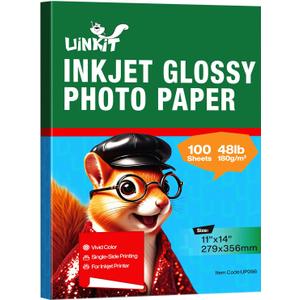 Uinkit 180gsm Glossy Photo Paper 11x14 Inches - 100 Sheets for Dye Ink | Quick Dry, No Smudging | Single-Sided Pro Finish, Thick 48lb No Curling