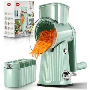 Rotary Cheese Grater with Handle - Vegetable Shredder with 5 Blades & Strong Suction Base, Round Slicer & Food Chopper for Kitchen (Green)