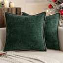 MIULEE Pack of 2 Christmas Pillow Covers 18x18 Inch Dark Green Farmhouse Decorative Throw Pillow Covers with Stitched Edge Soft Chenille Solid Dyed Couch Pillow Covers for Sofa Bed Living Room, Dark Green