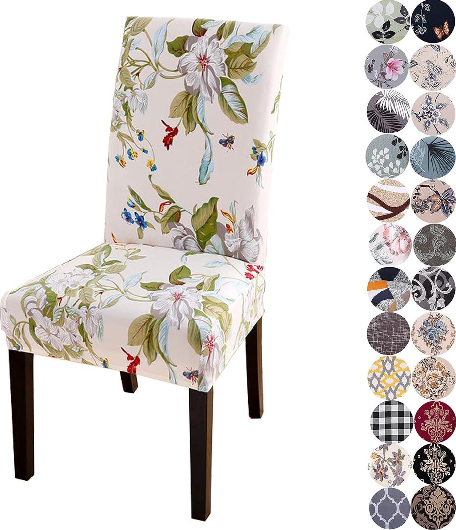 Chair Covers for Dining Chairs Set of 4, Stretchy Soft Parson Chair Covers Removable Washable Kitchen Dining Room Chair Slipcovers with Elastic for Universal Fit (Beige Flowers II)