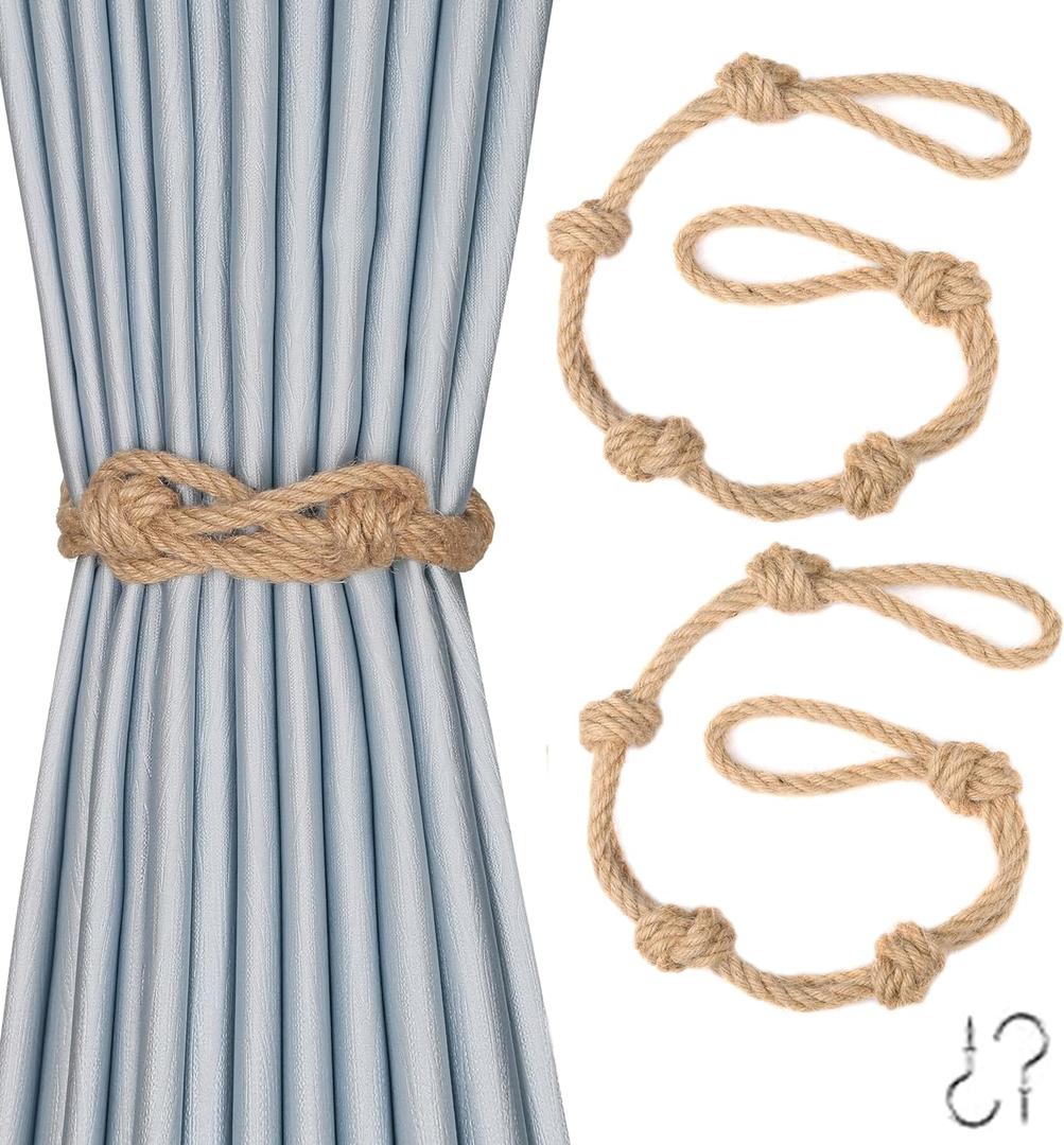 BEL AVENIR 2 Pack Jute Boho Curtain Tiebacks Rope - Handmade Retro Curtain Rope Tie Back Decorative Curtain Holdbacks with Ball