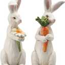 Newman House Studio Easter-Decorations Bunny-Decor Spring-Figurines Table-Centerpiece - 2PC Spring Decorations Resin Rabbits with Carrot and Flower Tabletop Ornaments for Home Farmhouse 4.5H inch