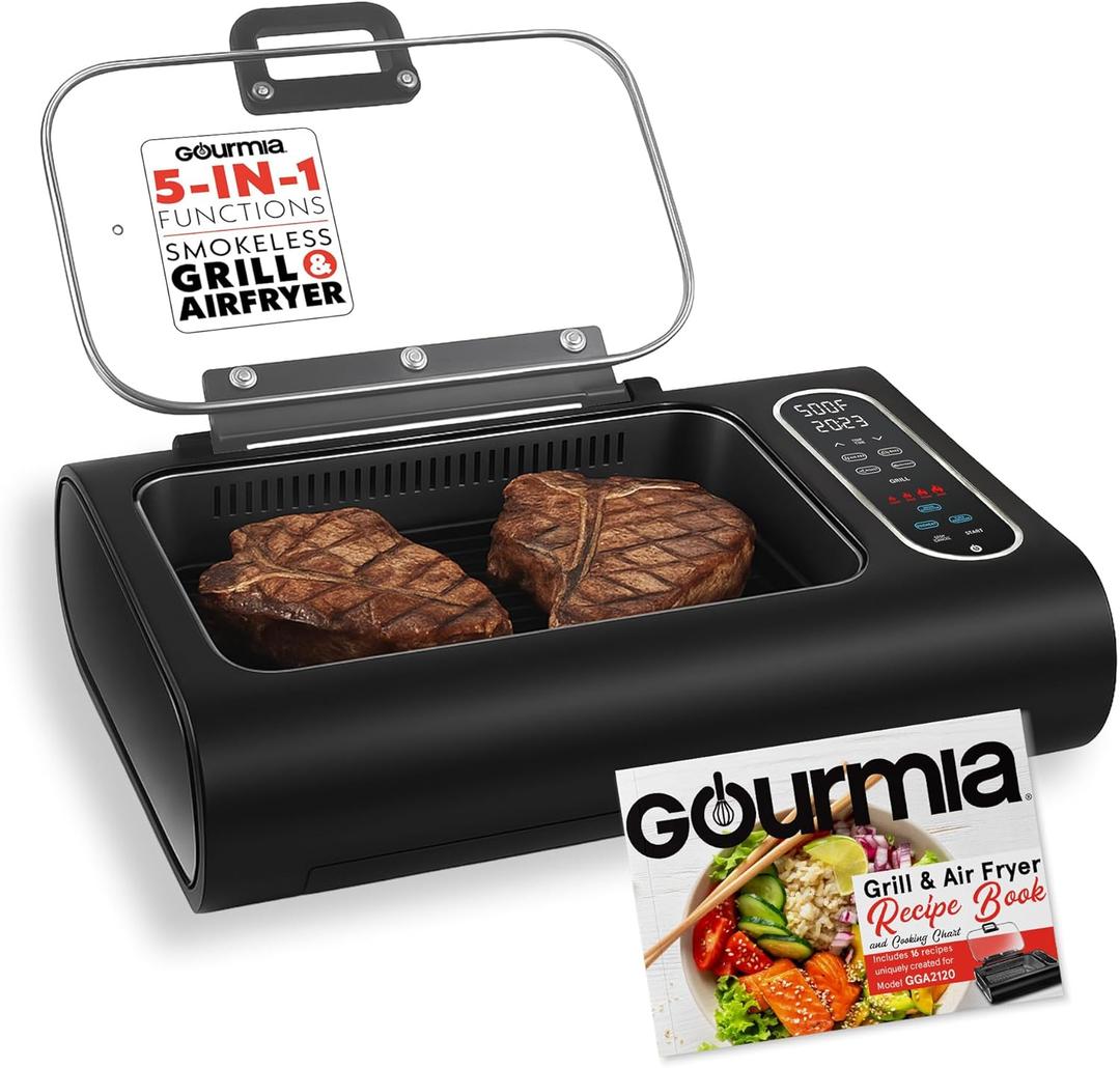 Gourmia Smokeless Indoor Grill & Air Fryer with Recipe Book  Electric Grill for Indoor Use, 5in1 Countertop Cooker, Cast-Iron Grate, 1650W, Glass Lid, Dishwasher-Safe Plates