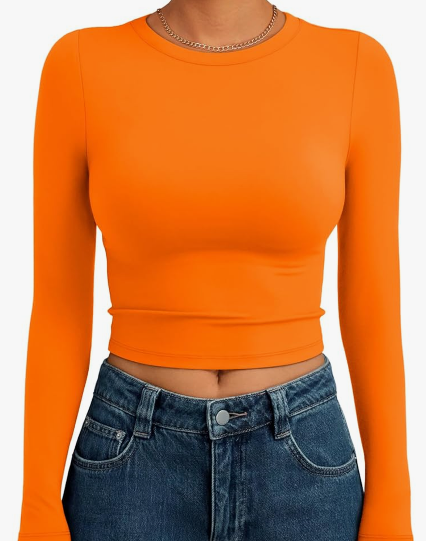 Trendy Queen Womens Long Sleeve Crop Tops Basic Slim Fitted Shirts Fashion 2025 Going Out Y2k Tops Teen Girl Clothes, XS, Ornge