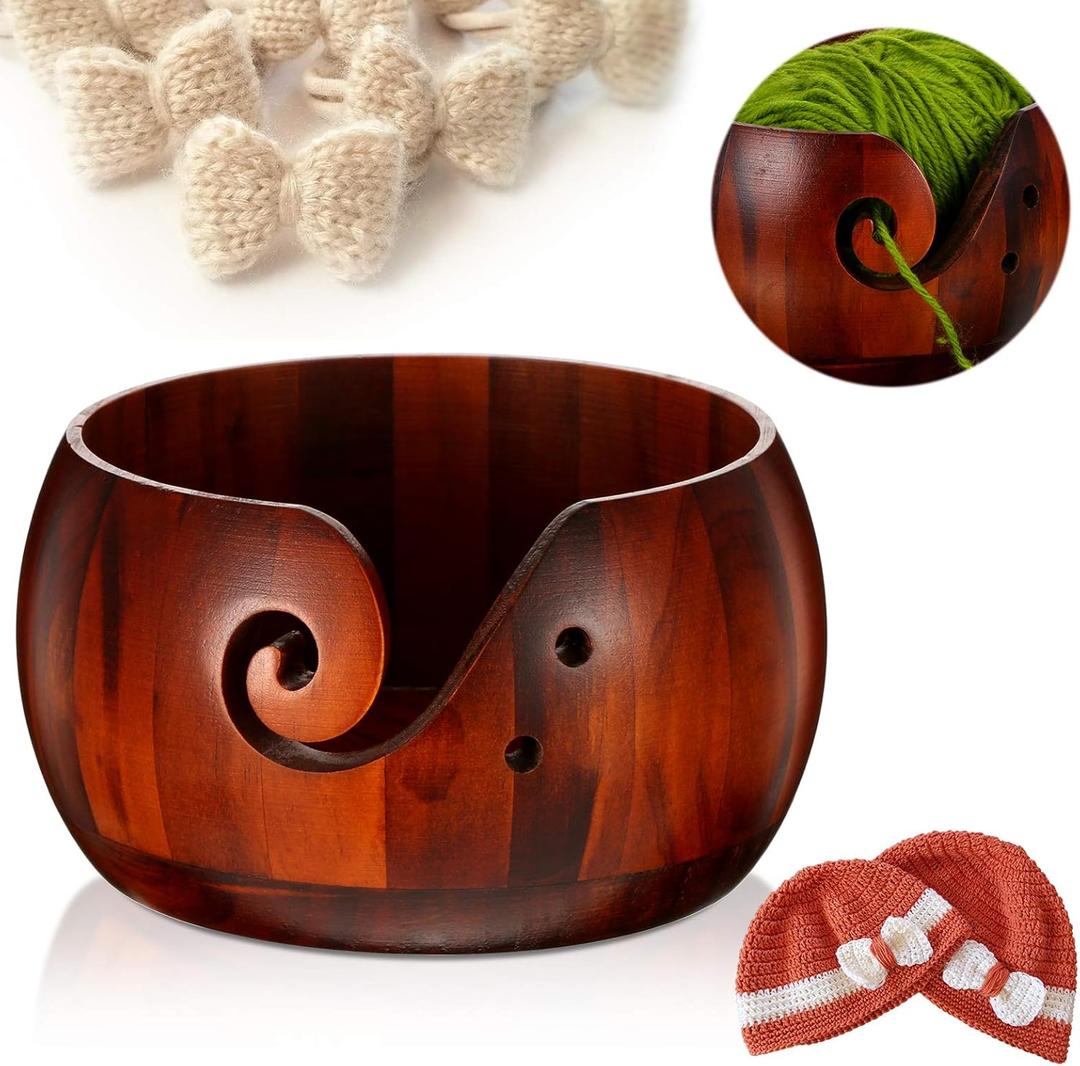 WILLBOND Wooden Yarn Bowl 6 x 3 Inches Crochet Bowl Accessories Holder with Holes for Mother Birthday Gift DIY Hand Made Knitting String Lovers Handmade Yarn Storage