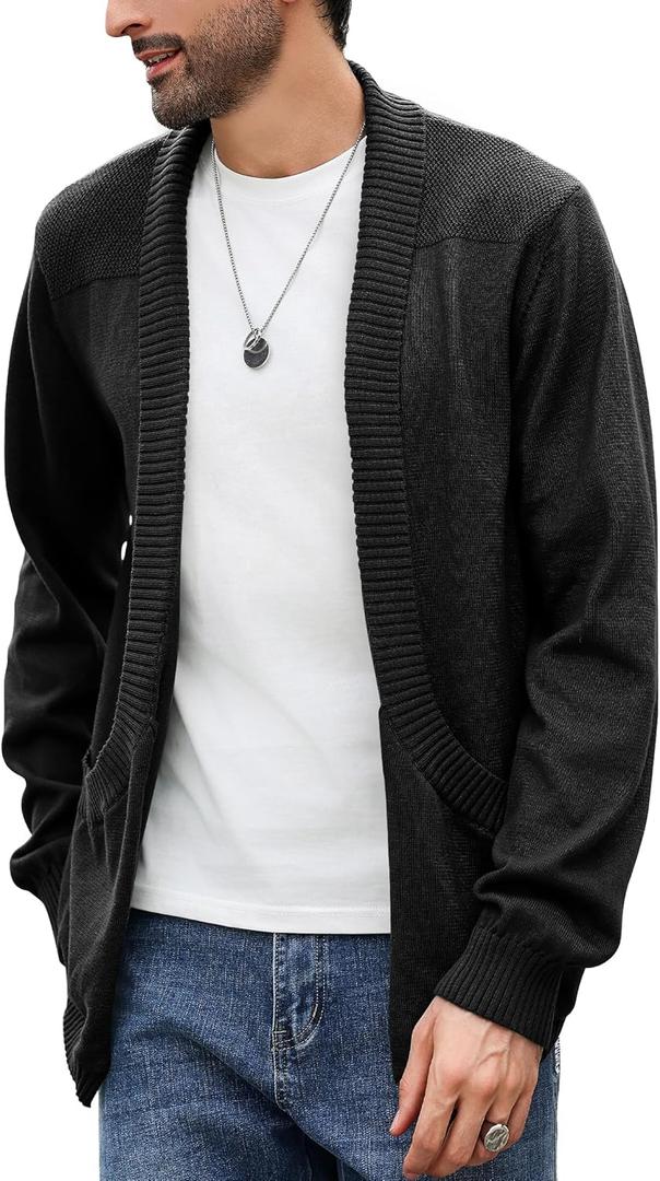 Men's Shawl Collar Long Sleeve Cardigan Knit Open Front with Pockets (X-Large, Black)