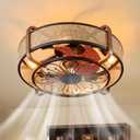 Boho Caged Ceiling Fan with Light Flush Mount 18.9in Hand-Woven Rattan Fandelier Enclosed Cage Ceiling Fans with Lights, Remote Reversible 6 Speeds Motor Ceiling Fan Lighting, E26 Base (H023)