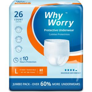 WhyWorry Incontinence Underwear for Women and Men, Disposable Adult Pull Ups with Overnight Absorbency, Leakproof, Unisex, Large, 26 Count