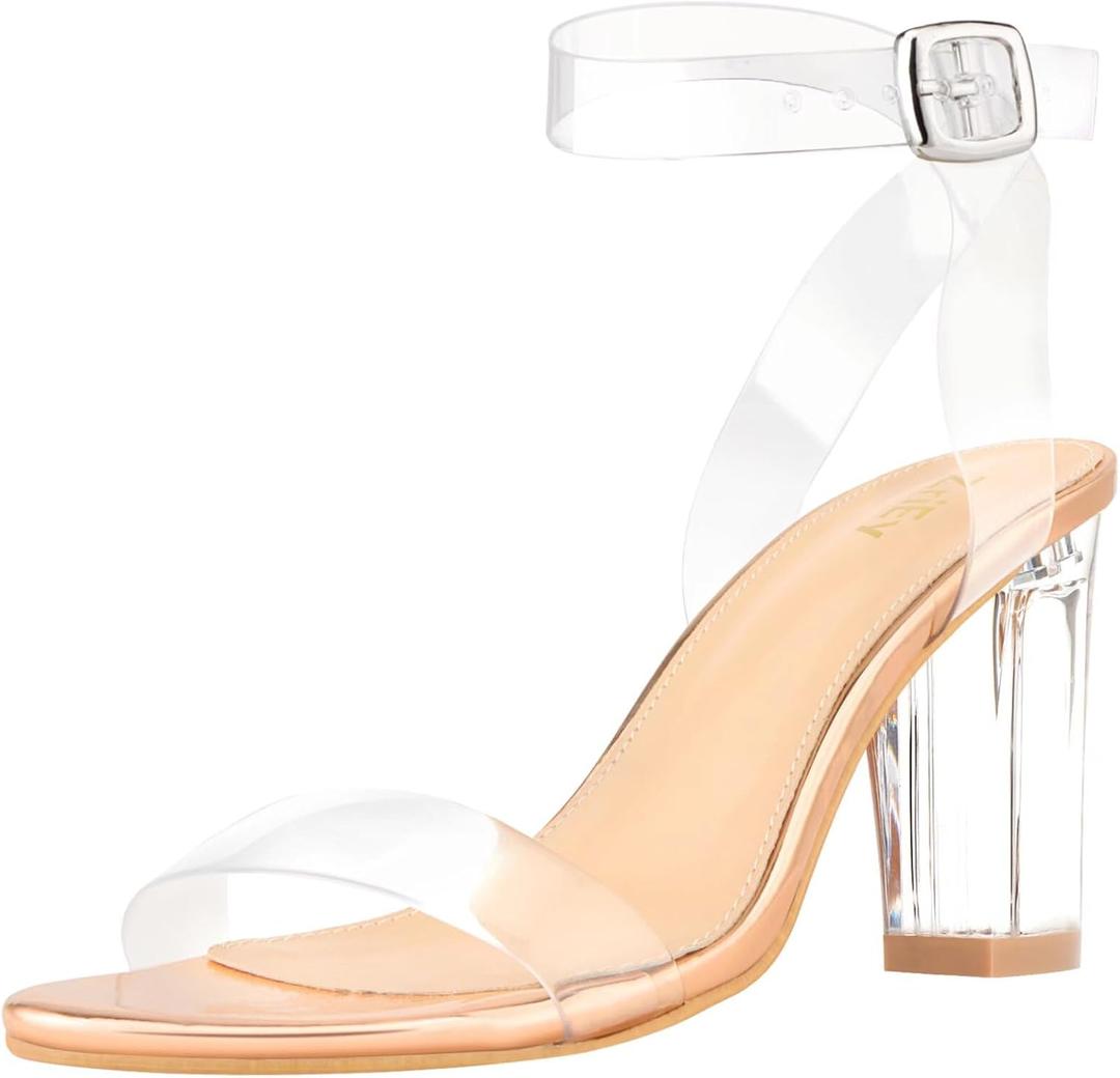 ZriEy Clear Block Sandals Chunky Heels for Women 3.35 Inch Open Toe Adjustable Ankle Strap Pump Sandals for Weddings Parties Daily Wear (10, Rose Gold Clear)