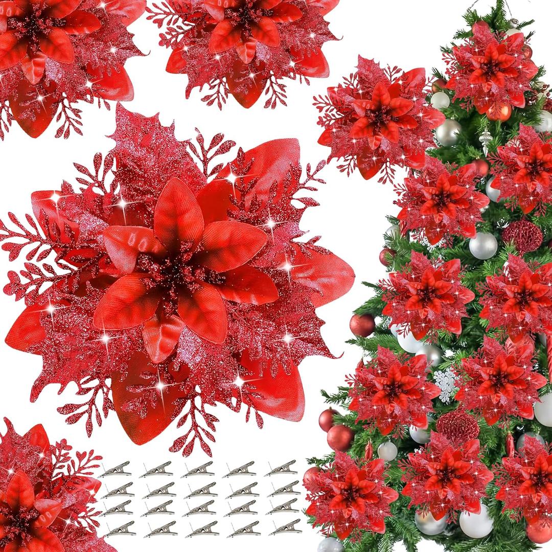 20Pcs 5.5" Red Poinsettias Glitter Artificial Christmas Flowers,Christmas Tree Decorations Christmas Ornaments Glitter Poinsettia with Clips , Christmas Decor for Xmas Tree Wedding Party Holiday