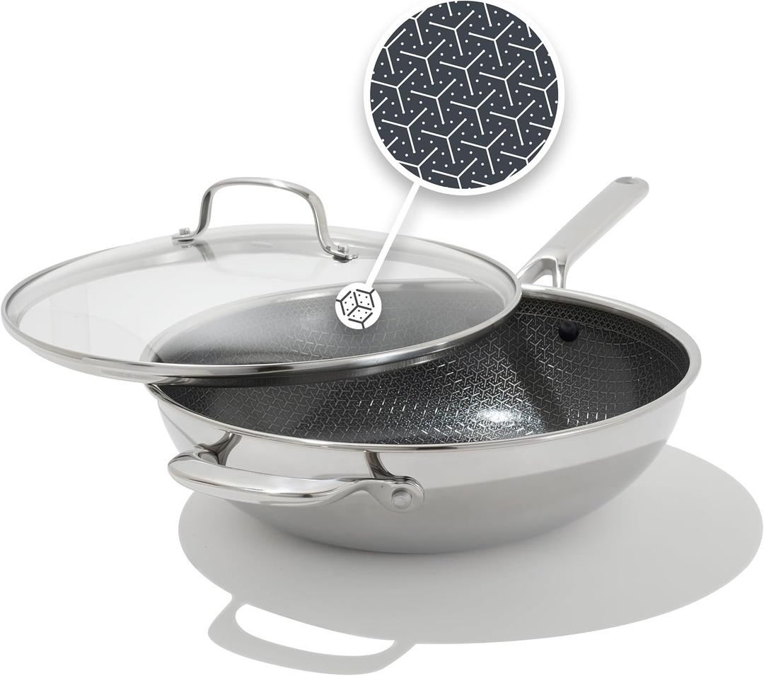 OXO Hybrid 12 Nonstick Wok with Glass Lid, PFAS-Free Ceramic Stir-Fry Pan, Induction & All Cooktop Compatible, Dishwasher Safe, Fusion Boost Tech for Powerful Searing, Mirror Polished Tri-Ply