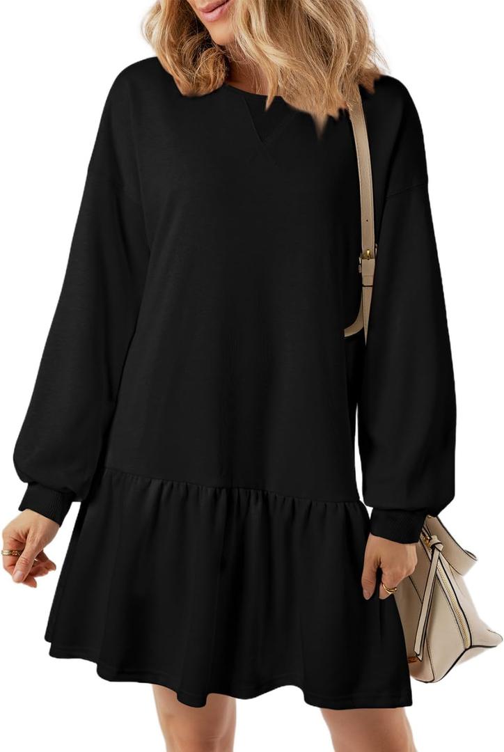 BLENCOT Womens 2025 Fall Long Sleeve Pullover Tops Crewneck Rib Knit Patchwork Sweatshirt Dress Casual Mini Dresses (Large, Black)