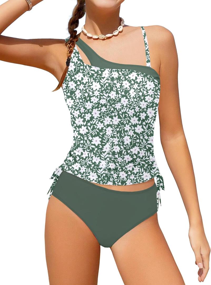 AGAPENG Girls Swimsuit Two Piece One Shoulder Tankini Floral Print Drawstring Swimwear Set 13- 14 Y Green Floral Print