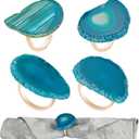 CozyTower Agate Napkin Rings Set of 4, Gold Napkin Holders for Cloth Napkins, Unique Wedding Decorations Napkin Ring Kitchen Accessories for Dinner Party (Blue Agate)