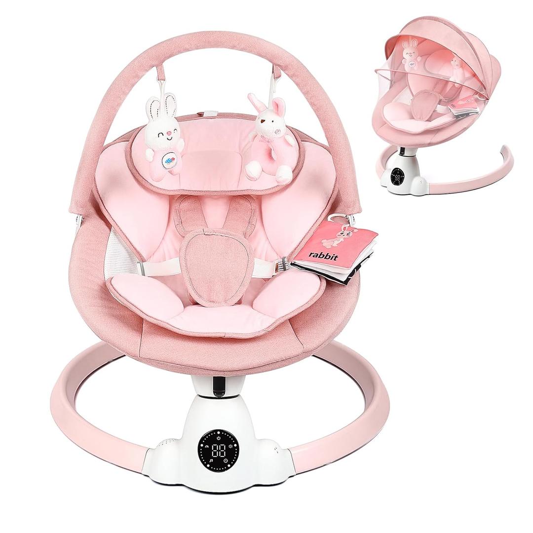 Uuoeebb Baby Swing for Infants, Portable Electric Baby Swings with Bluetooth, 5 Swing Speed, 10 Lullabies, 5-Point Harness, Remote Control & Touch Panel - Infant Swing for Indoor & Outdoor Use, Pink
