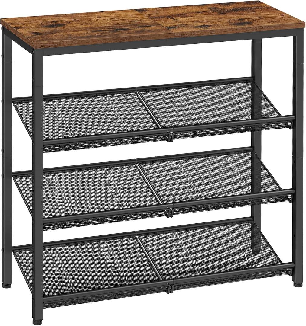 VASAGLE Shoe Rack for Entryway, 4-Tier Shoe Rack Organizer with Storage Shelves and Spacious Top, Freestanding, Adjustable, Industrial, Rustic Brown and Ink Black ULBS040B01