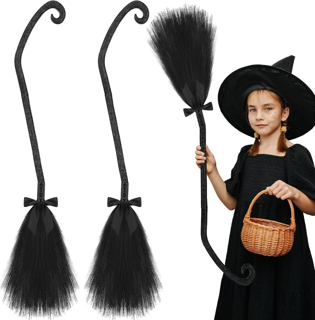 Liliful 2 Pcs Halloween Witch Broom with Ribbons Wizard Accessories Wizard Decor Costume Witch Broomstick for Kids Adults Party Cosplay Decorations, Black