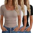 Neer 3 Pack Fitted Ribbed Scoop Neck T-Shirts for Women, Tight Short Sleeve Tops Slim Basic Tee Trendy Summer Blouses (S)