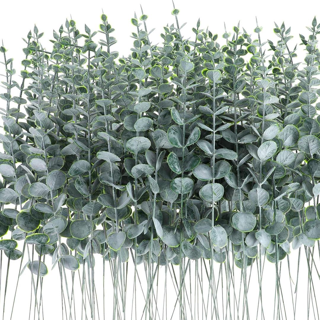MAQUITA 100 Pcs Eucalyptus Stems Faux Greenery Artificial Eucalyptus Leaves Decor Greenery Stems Branch for Wedding Centerpiece Flower Bouquet Farmhouse Home